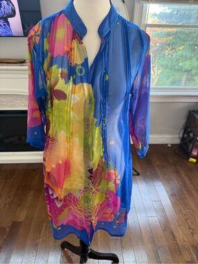Fullah Sugah Vibrant Semi Sheer Blue Multi-Color Floral Mini Dress Size Small
